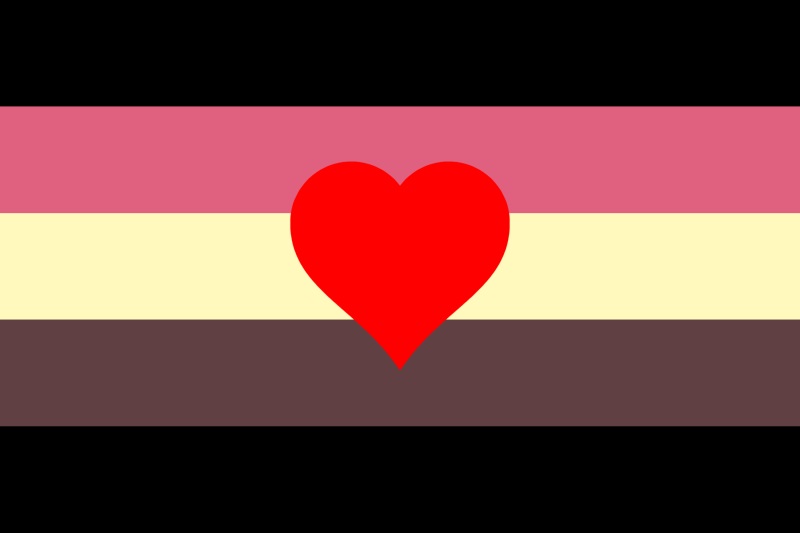 A horizontal five stripe pride flag, with colors in the following order: black, pink, ivory, brown, and black. In the middle is a red heart.